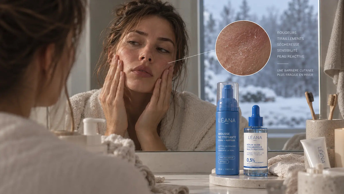 Barrière cutanée fragilisée en hiver et routine de soin avec mousse nettoyante et sérum hydratant