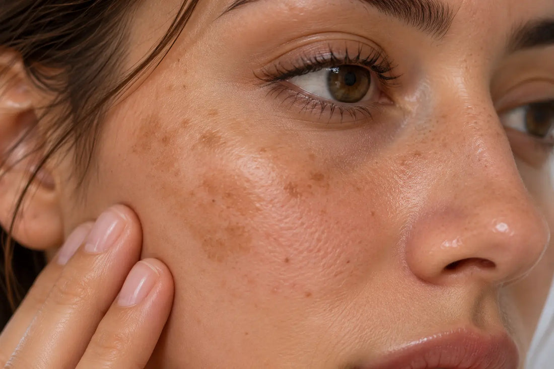 Visage présentant différentes formes de taches brunes et d’irrégularités pigmentaires sur les joues
