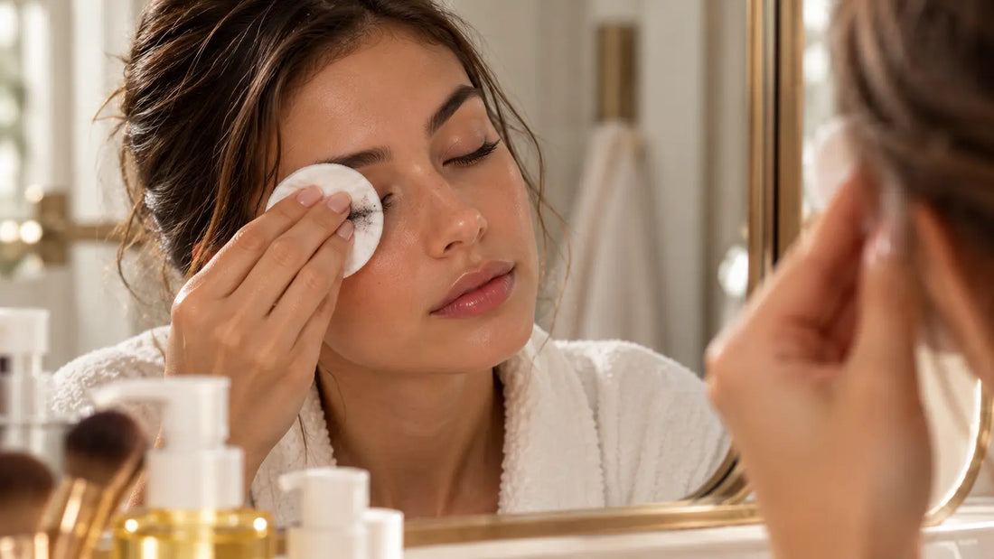 Personne démaquillant délicatement une paupière fermée avec un pad doux devant un miroir