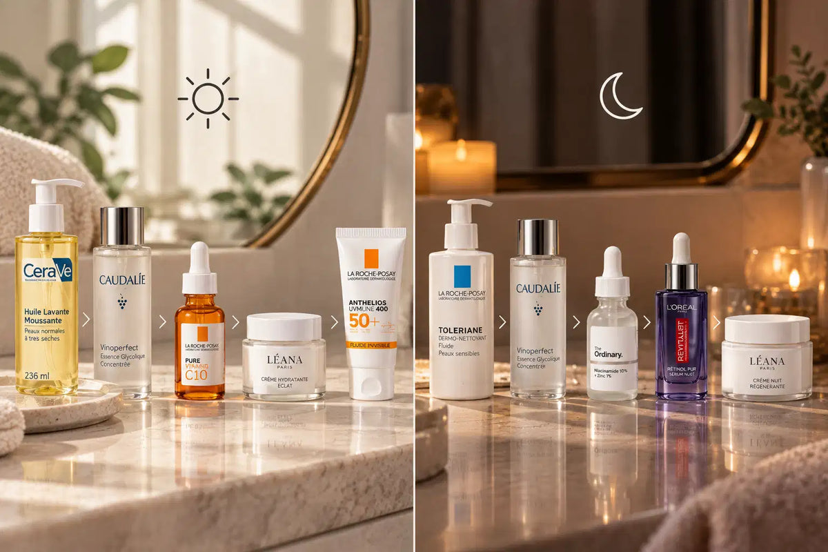 Routine anti-taches du matin et du soir avec nettoyant sérum crème et protection solaire