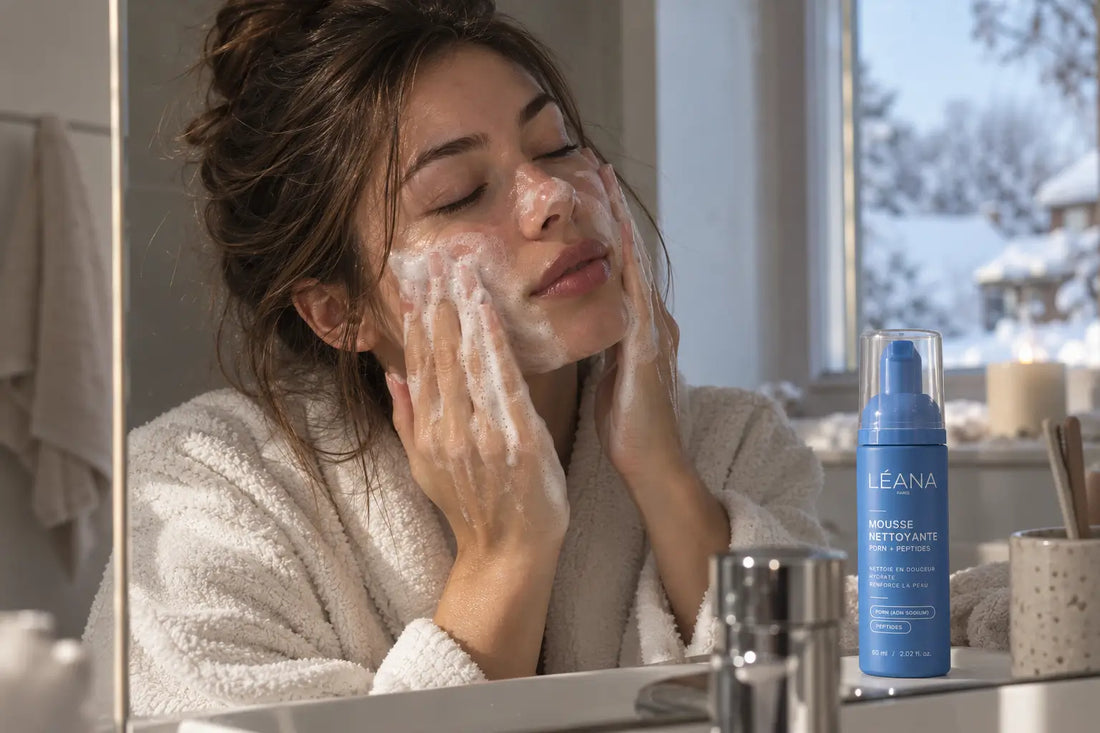 Femme nettoyant doucement son visage avec une mousse nettoyante hydratante en hiver