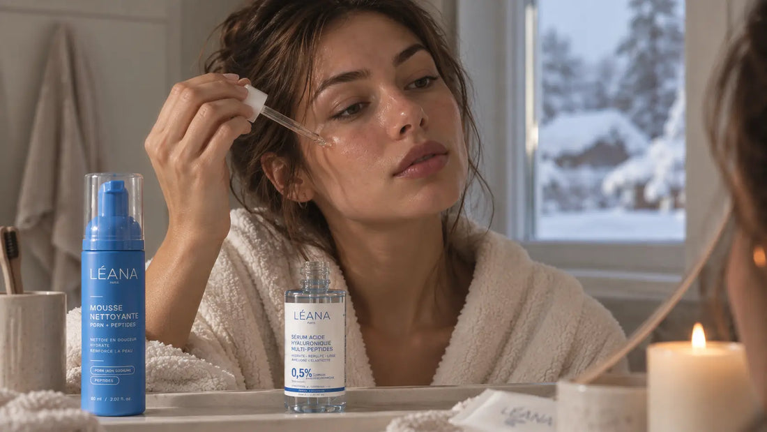 Application d’un sérum hydratant sur le visage pendant une routine skincare d’hiver