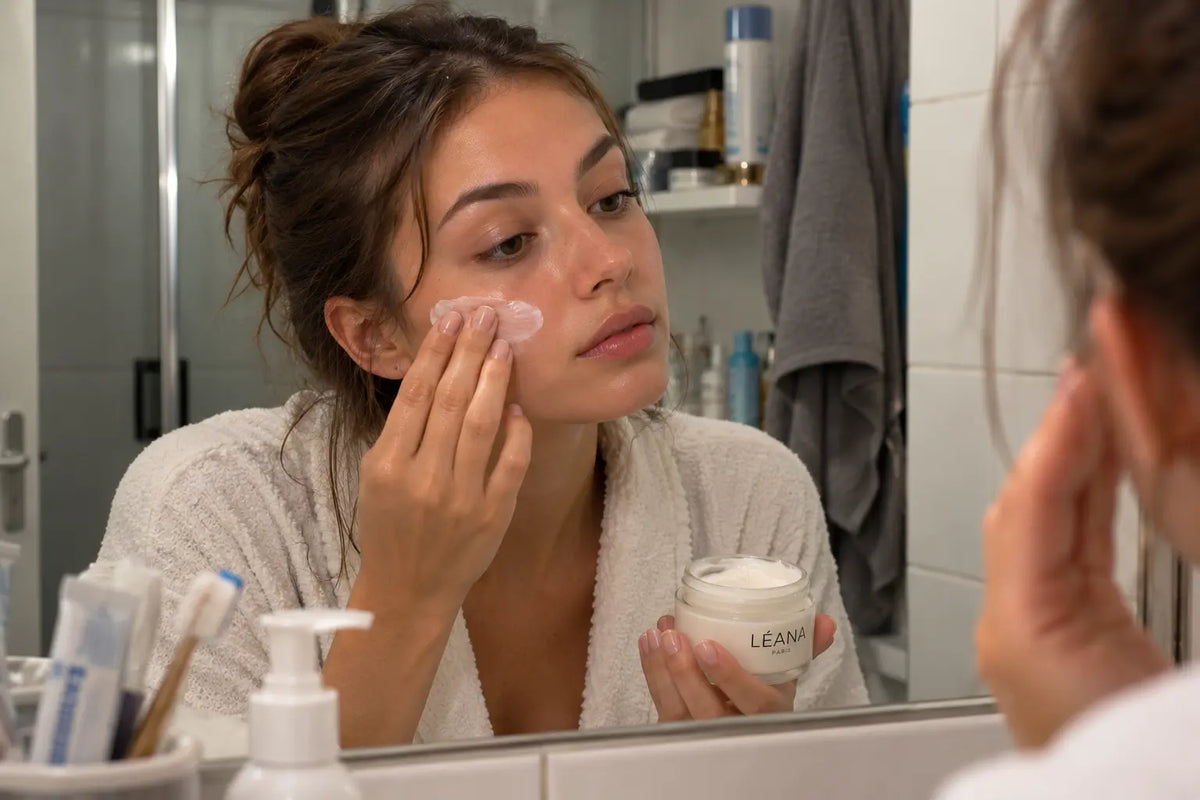 Personne appliquant délicatement une crème hydratante sur son visage après le nettoyage