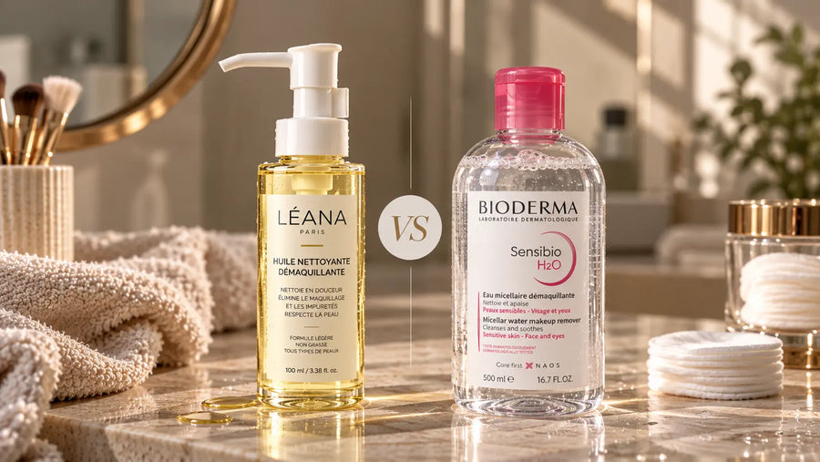 Huile démaquillante et flacon d’eau micellaire bioderma côte à côte pour comparer deux méthodes de démaquillage du visage