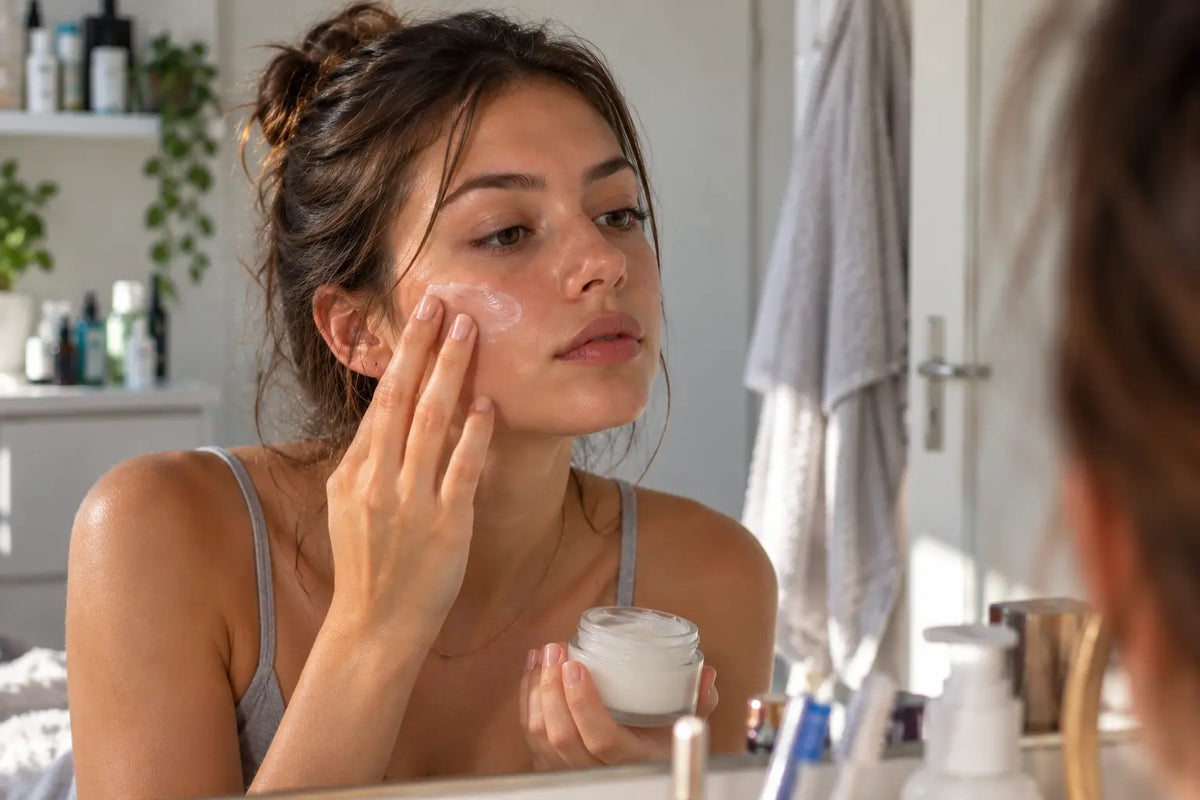 Personne appliquant une texture hydratante légère sur son visage après le nettoyage, pour une peau grasse