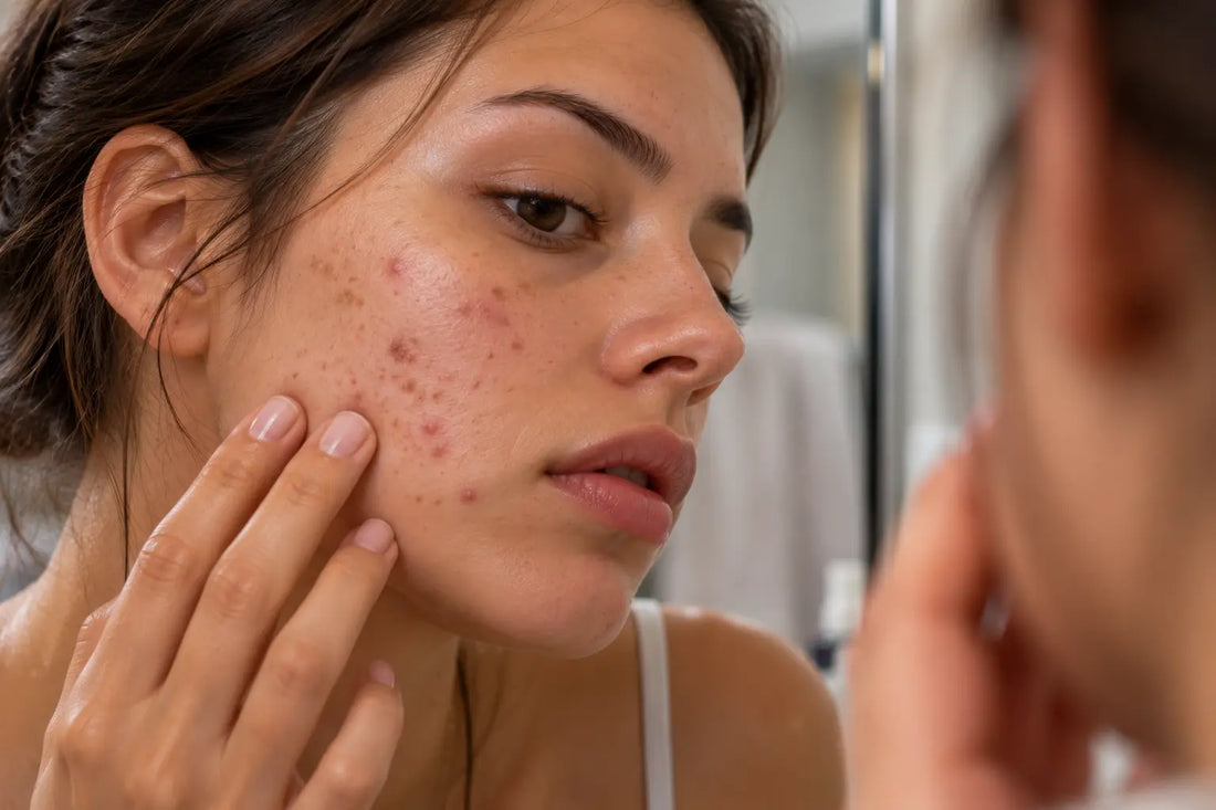 Visage présentant des marques post-acné rouges et brunes sur les joues