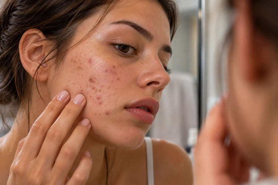 Visage présentant des marques post-acné rouges et brunes sur les joues