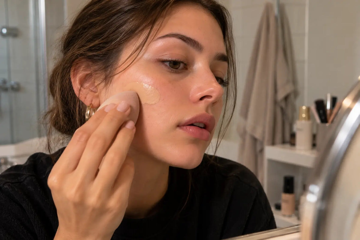  Application d’un fond de teint sur la joue pour un maquillage au fini naturel la roche posay ou autre marque de cosmétiques qui suit la nouvelle tendance maquillage