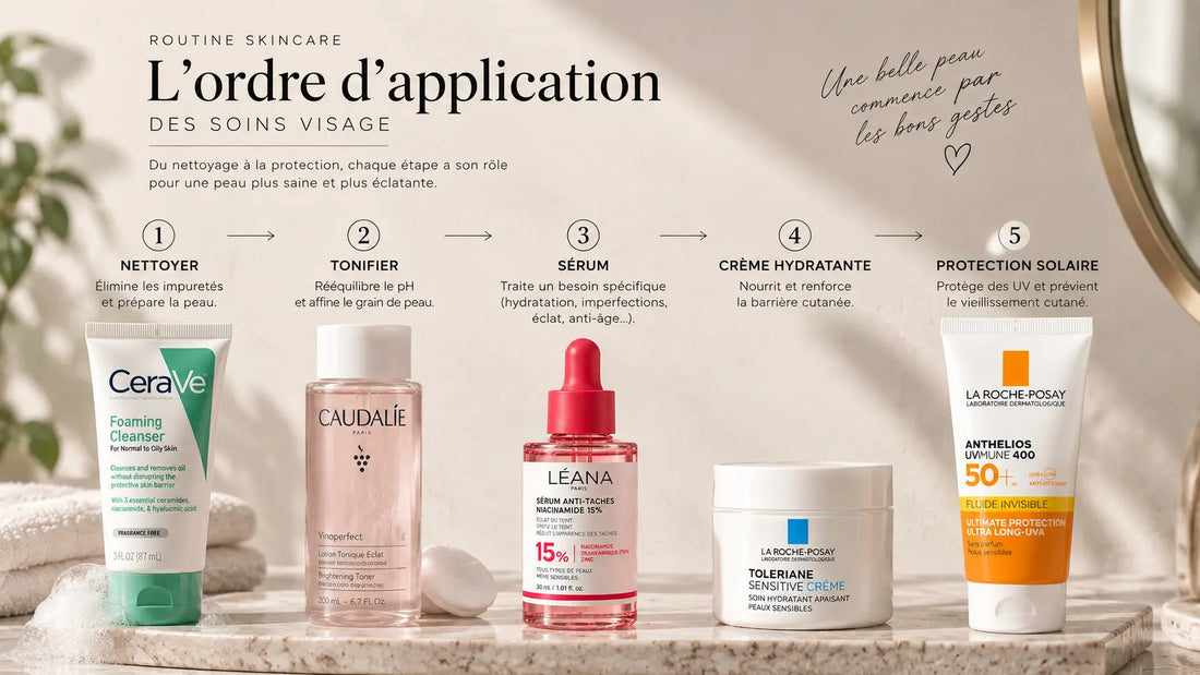Ordre d’application des soins visage avec sérum, crème hydratante et protection solaire