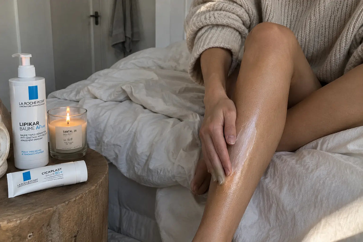 Peau du corps en hiver : routine avec lait corporel, sérum hydratant et stick SPF Léana Paris