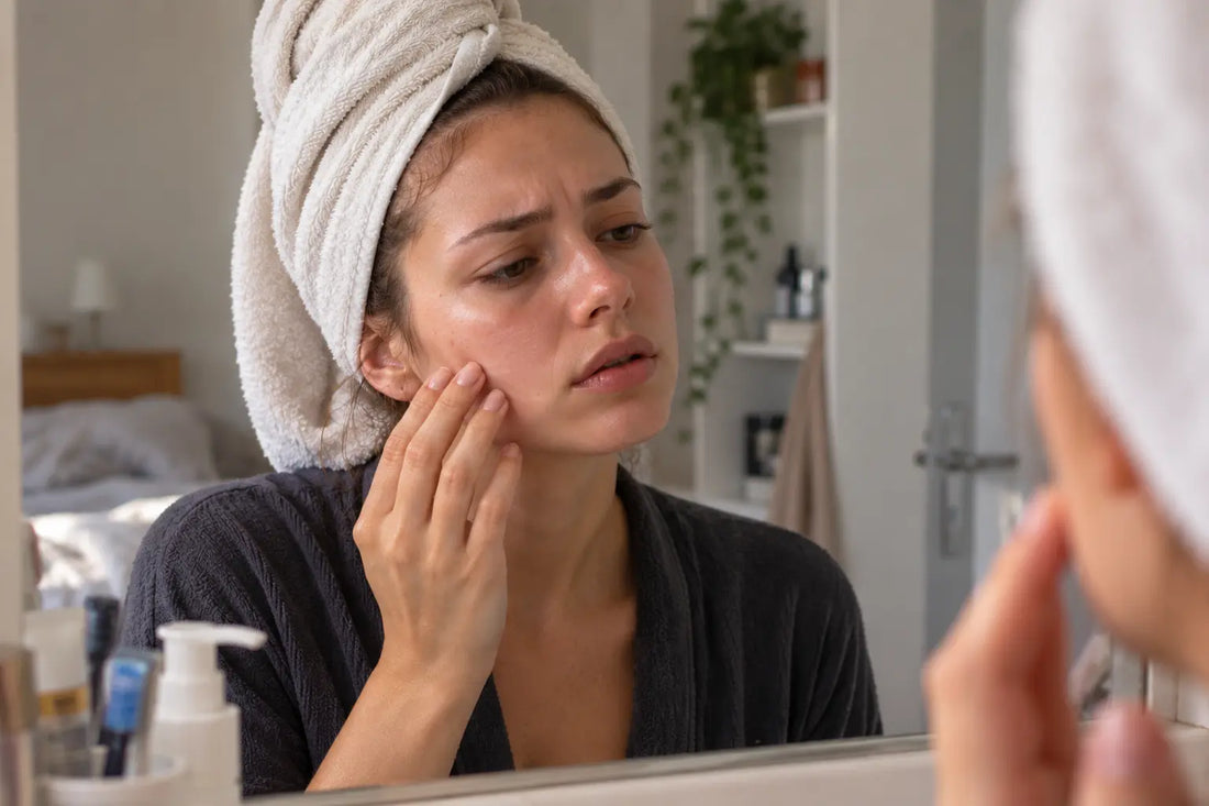 Personne touchant délicatement sa joue après le nettoyage du visage pour observer une sensation de tiraillement