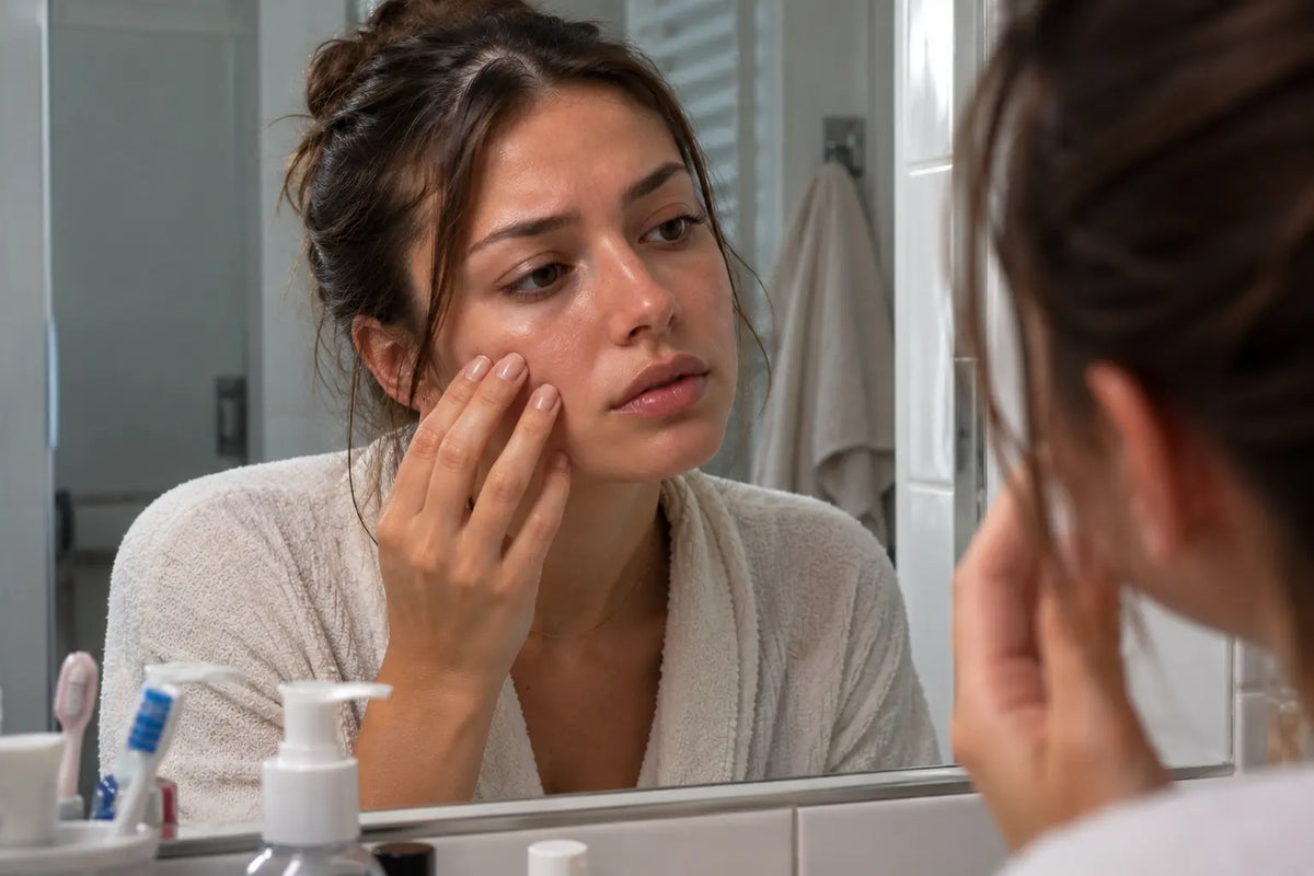 Personne observant la texture de sa peau dans un miroir pour distinguer une peau sèche d’une peau déshydratée