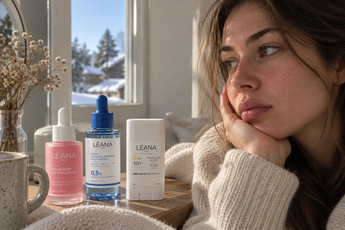 Routine de soin pour peau sensible en hiver avec sérum hydratant et protection solaire