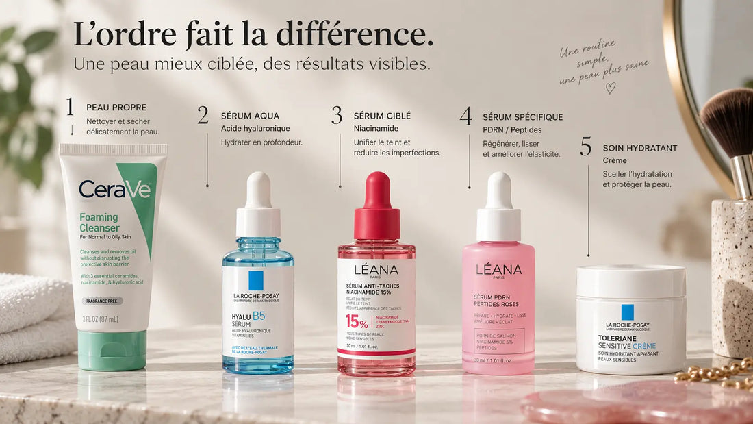 Plusieurs sérums visage organisés dans une routine skincare avec ordre d’application