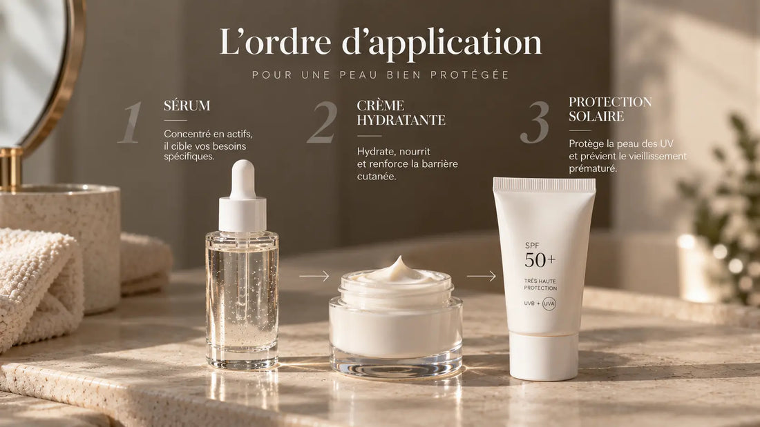 Sérum visage, crème hydratante et protection solaire disposés dans leur ordre d’application