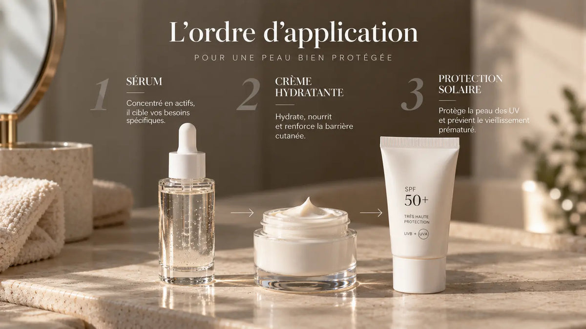 Sérum visage, crème hydratante et protection solaire disposés dans leur ordre d’application