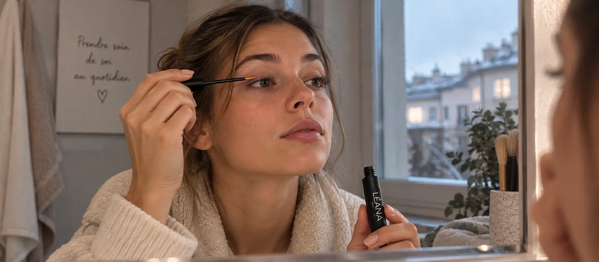 Femme appliquant un sérum cils dans une routine beauté hivernale