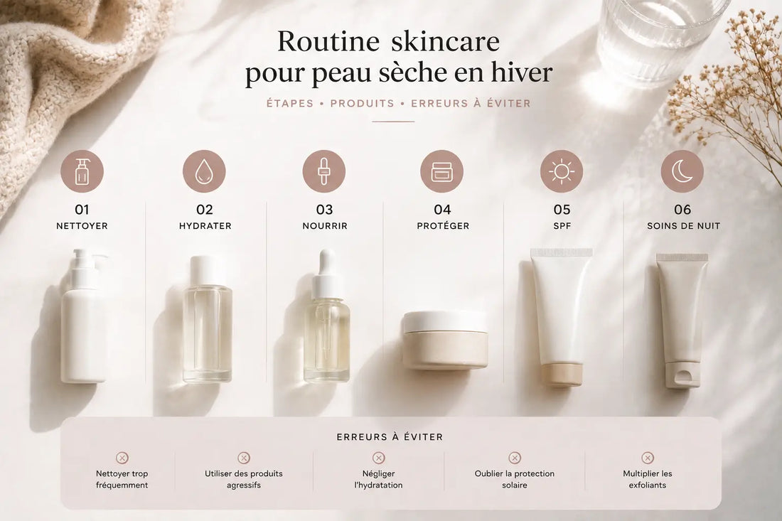 Routine skincare pour peau sèche en hiver avec sérum hydratant et stick SPF Léana Paris