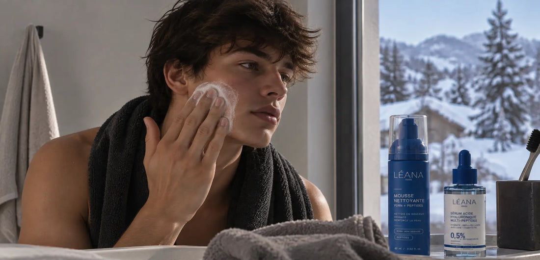 Homme appliquant une crème hydratante sur son visage en hiver