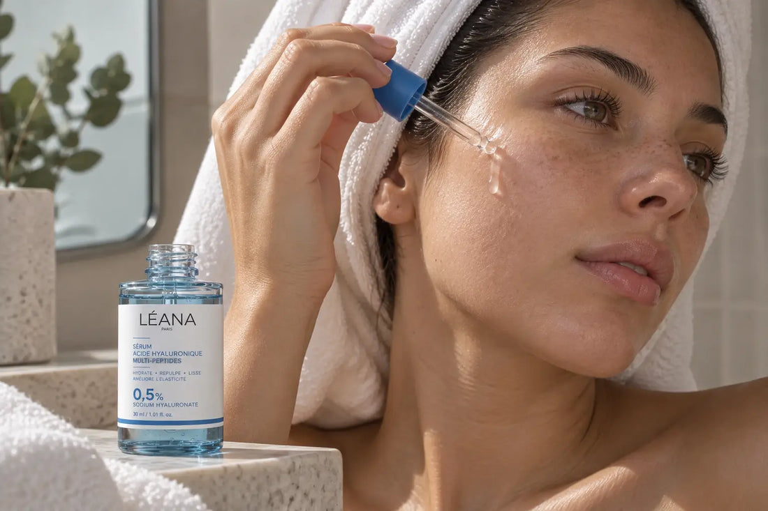 Application d’un sérum à l’acide hyaluronique sur peau légèrement humide