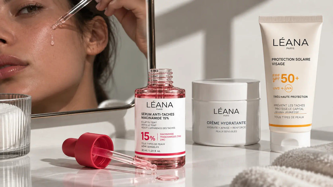 Application d’un sérum anti-taches sur le visage dans une routine avec protection solaire