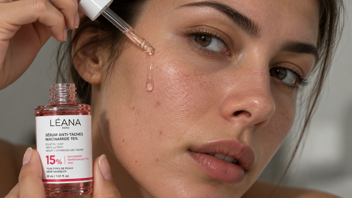 Application d’un sérum sur une peau à imperfections avec pores visibles