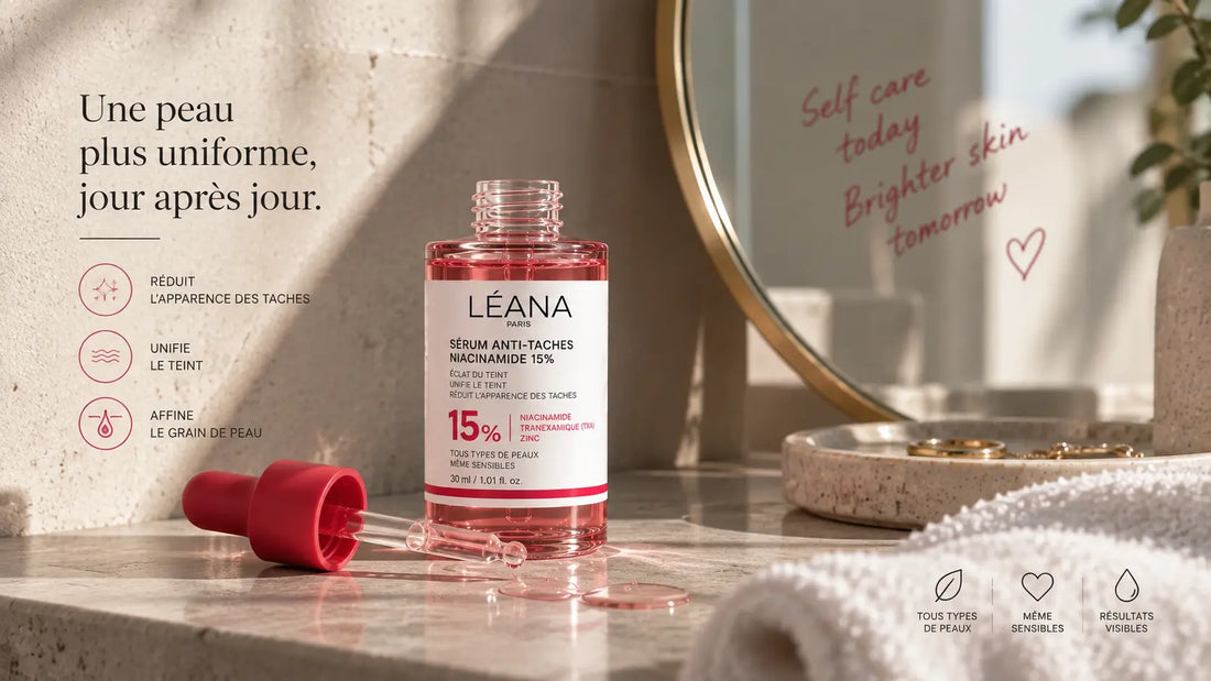 Application d’un sérum niacinamide sur le visage pour une routine anti-taches