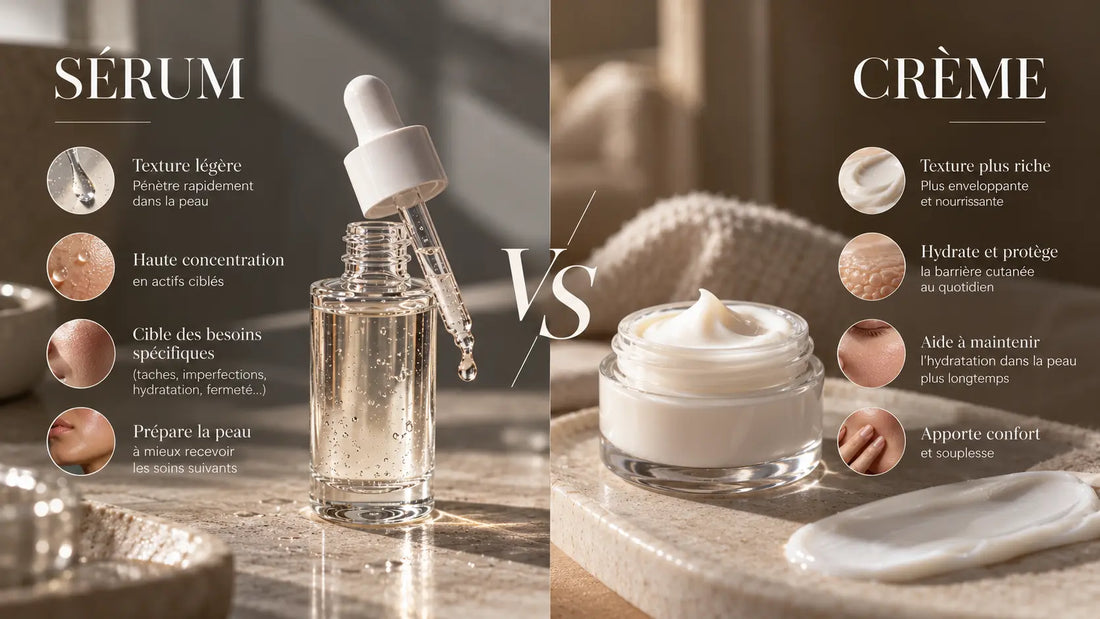 Sérum visage et crème gel hydratante appliqués dans une routine de soin simple