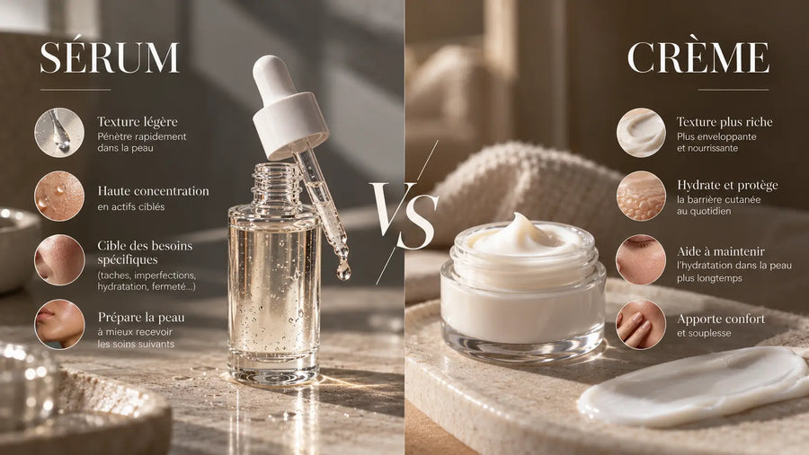 Sérum visage et crème gel hydratante appliqués dans une routine de soin simple