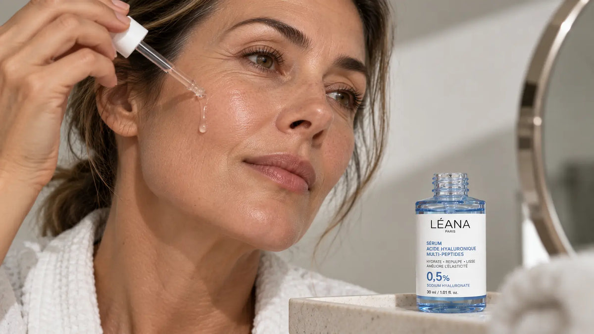 Personne appliquant un sérum hydratant sur une peau mature dans une routine de soin douce