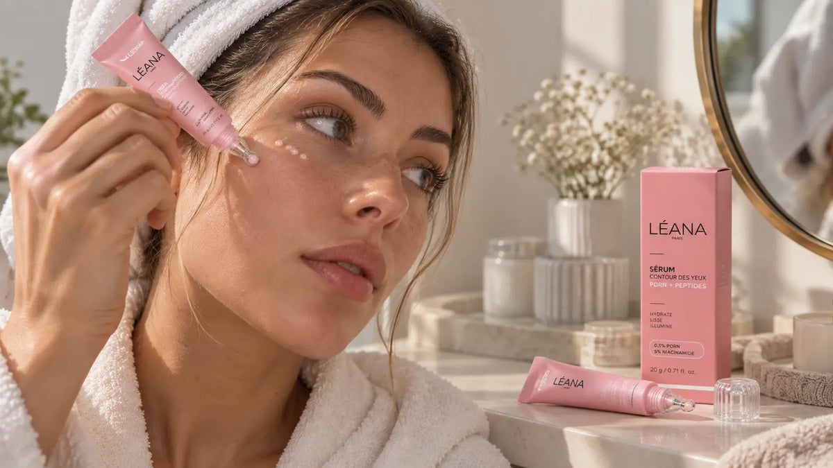 Application d’un sérum aux peptides sur le visage dans une routine skincare