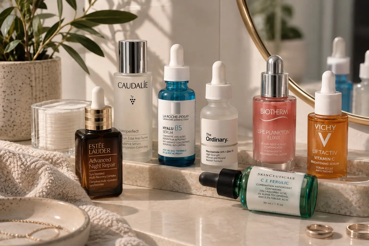 Différents sérums visage présentés dans une routine skincare selon les besoins de la peau