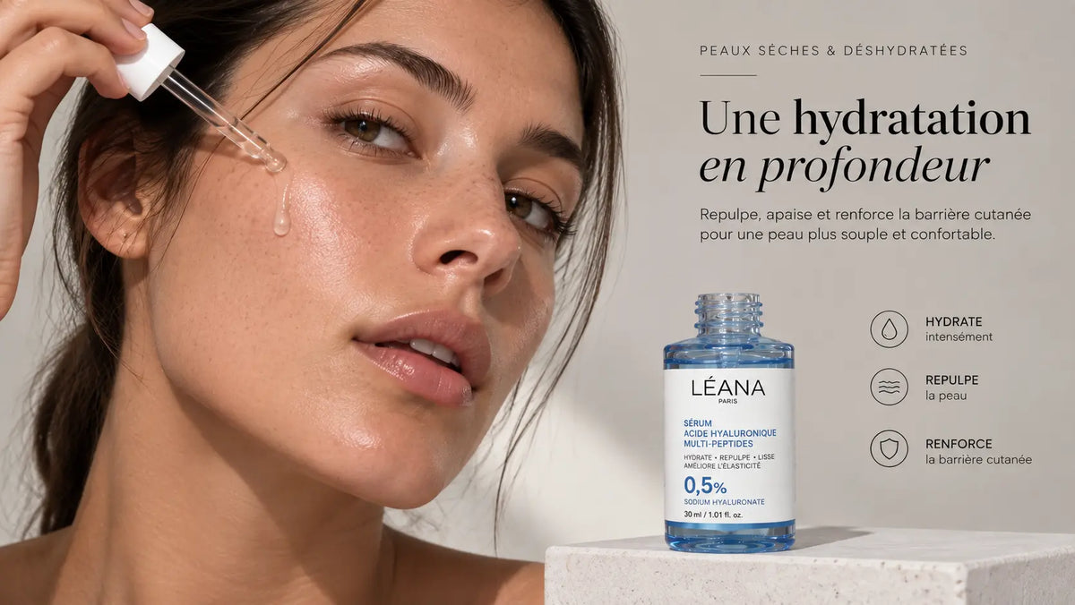 Application d’un sérum hydratant sur une peau sèche et déshydratée
