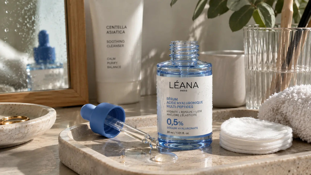 Application d’un sérum hydratant sur une peau sensible dans une routine visage douce